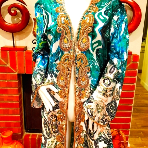 *LAST ONE**MANISH VAID- Silk Turquoise Emb.Pucci Island Prt. Kimono-NWT M - Picture 11 of 15